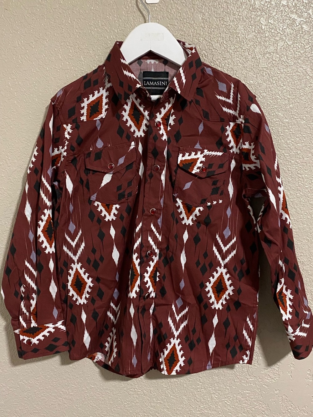 LAMASINI Boys' Maroon Geometric Button-Up Shirt